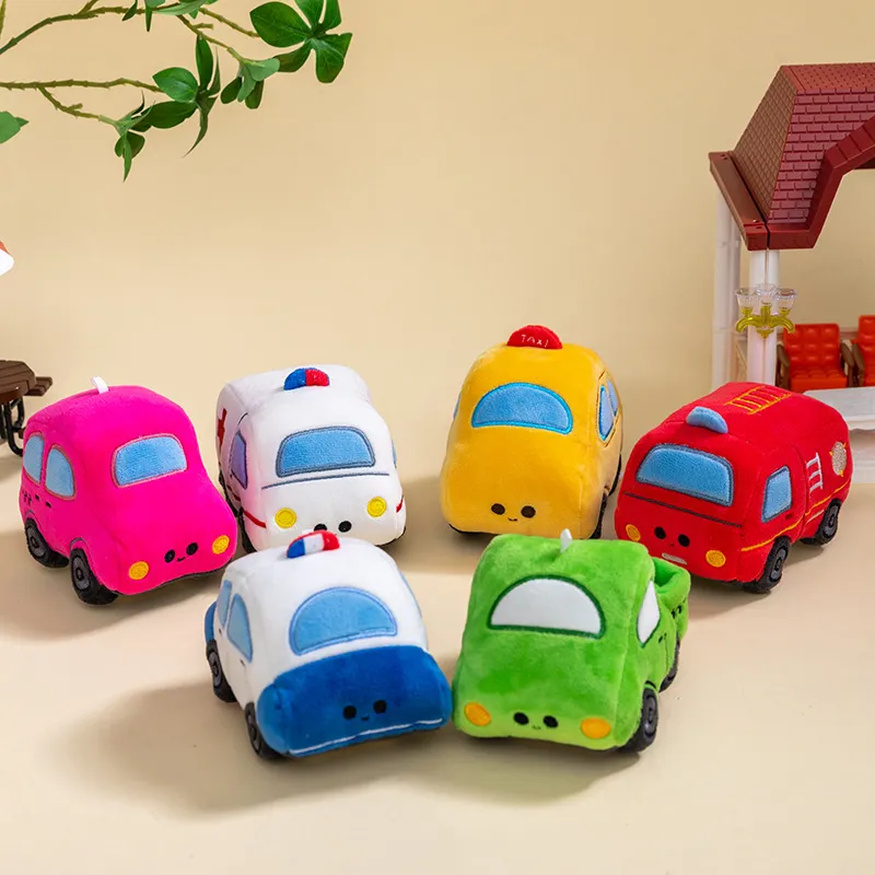 Cartoon Police Ambulance Fire Truck Plush Set – Soft Stuffed Cars with Rolling Wheels, Preschool Toy & Kindergarten Gift for Kids